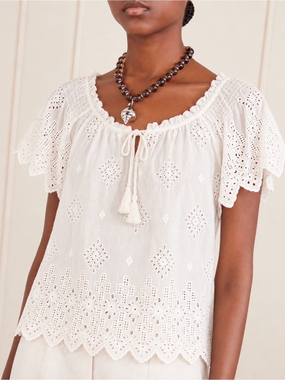 Adiva Cream Eyelet Peasant Top with Tassel Tie